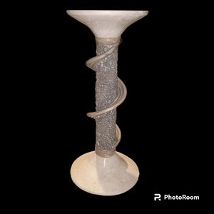 Pair Post Modern Pencil Reed Travertine 10" Candle Sticks